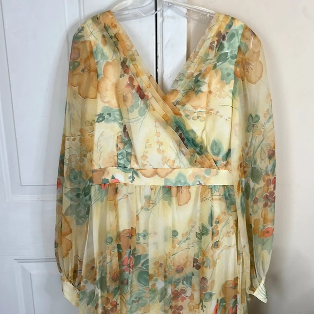 Vintage 70s Chiffon Yellow Floral Floor Length Dress Sz 14 By Union Made - Picture 6 of 16